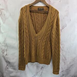 Vintage Eddie Bauer Sweater Womens XL Mustard V Neck 90s Cable Knit Fisherman